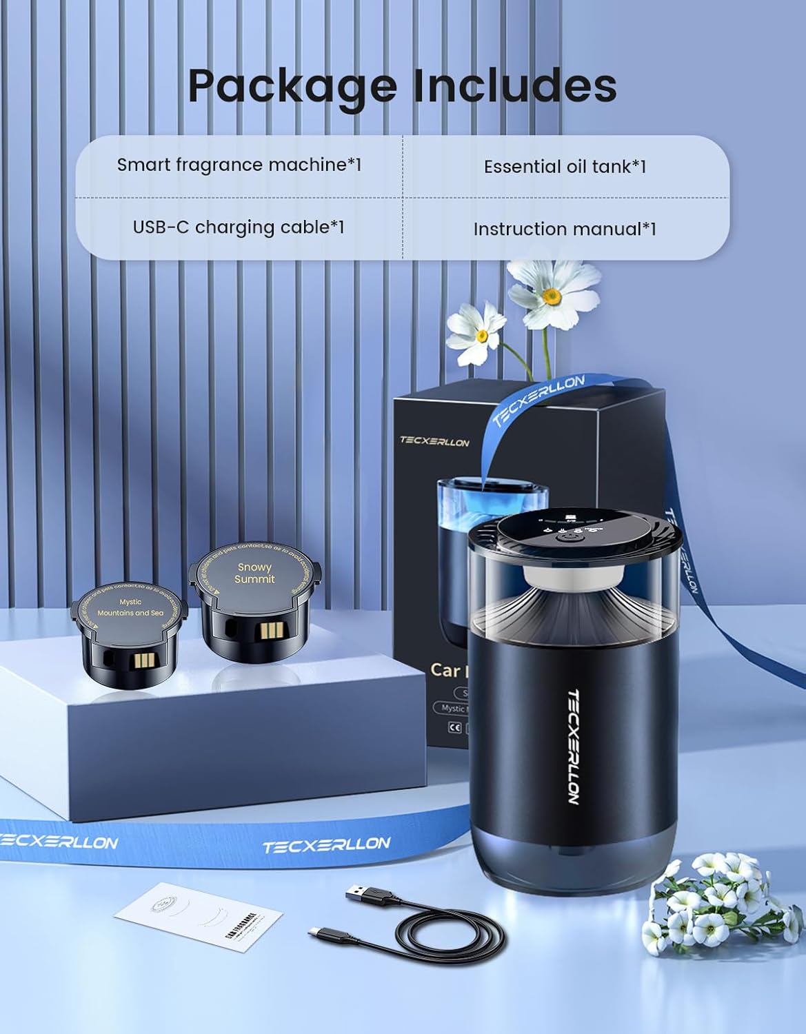 Car Diffuser Air Freshener with Smart Spray Modes, 1600 Sprays, USB-C Rechargeable, Auto On/Off, Essential Oil Level Indicator, 650mAh Battery, 2 Signature Scents, Ambient Light