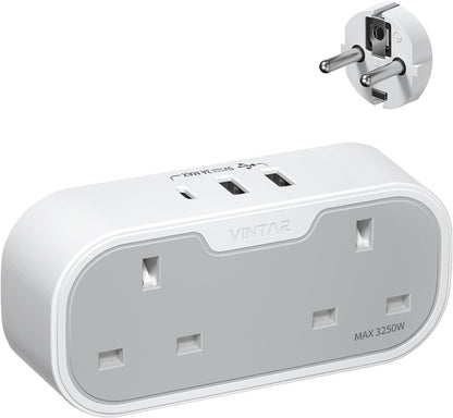 UK to European Plug Adapter, VINTAR Travel Adapter with 2 UK AC Outlets & 3 USB Ports (2A1C), Grounded Schuko Type E/F Plug for Germany, France, Spain, Italy, Netherlands