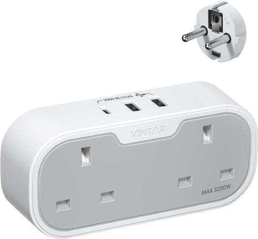 UK to European Plug Adapter, VINTAR Travel Adapter with 2 UK AC Outlets & 3 USB Ports (2A1C), Grounded Schuko Type E/F Plug for Germany, France, Spain, Italy, Netherlands