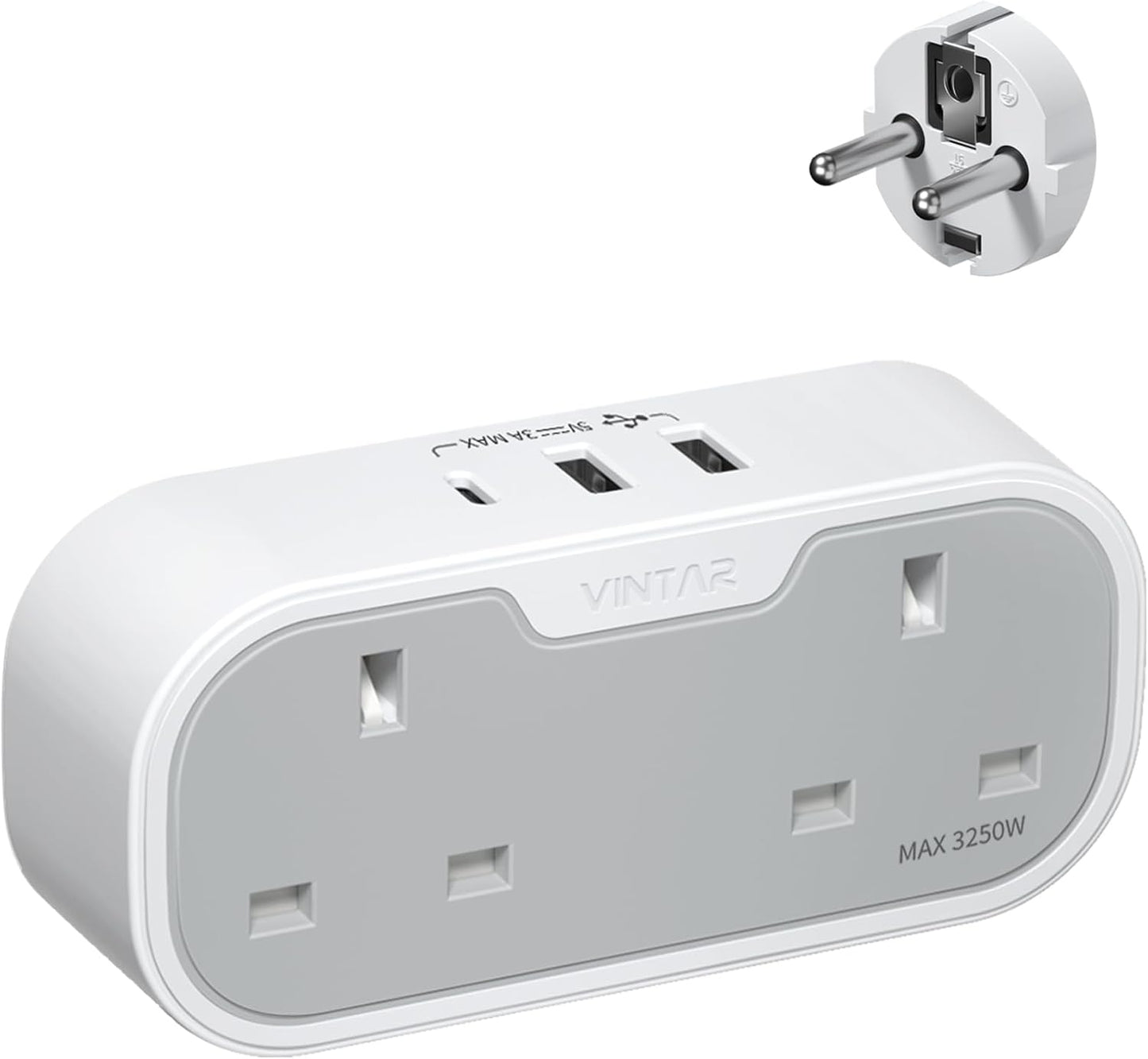 UK to European Plug Adapter, VINTAR Travel Adapter with 2 UK AC Outlets & 3 USB Ports (2A1C), Grounded Schuko Type E/F Plug for Germany, France, Spain, Italy, Netherlands
