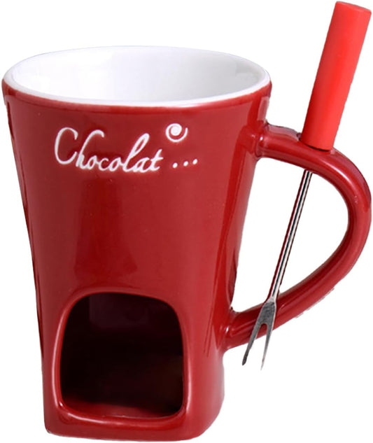 Fondue Mug, Chocolate Fondue Mug, Chocolate Melting Cup with Fork, Melting Love Cup Melting Chocolate Mug Fondue Heated with a Tealight, Warmer Mug for Candy Snack Caramel Party (Red)