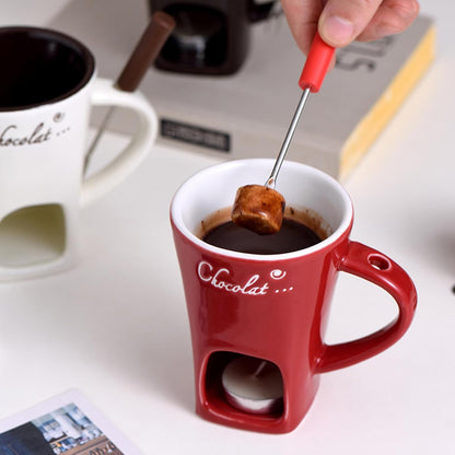 Fondue Mug, Chocolate Fondue Mug, Chocolate Melting Cup with Fork, Melting Love Cup Melting Chocolate Mug Fondue Heated with a Tealight, Warmer Mug for Candy Snack Caramel Party (Red)