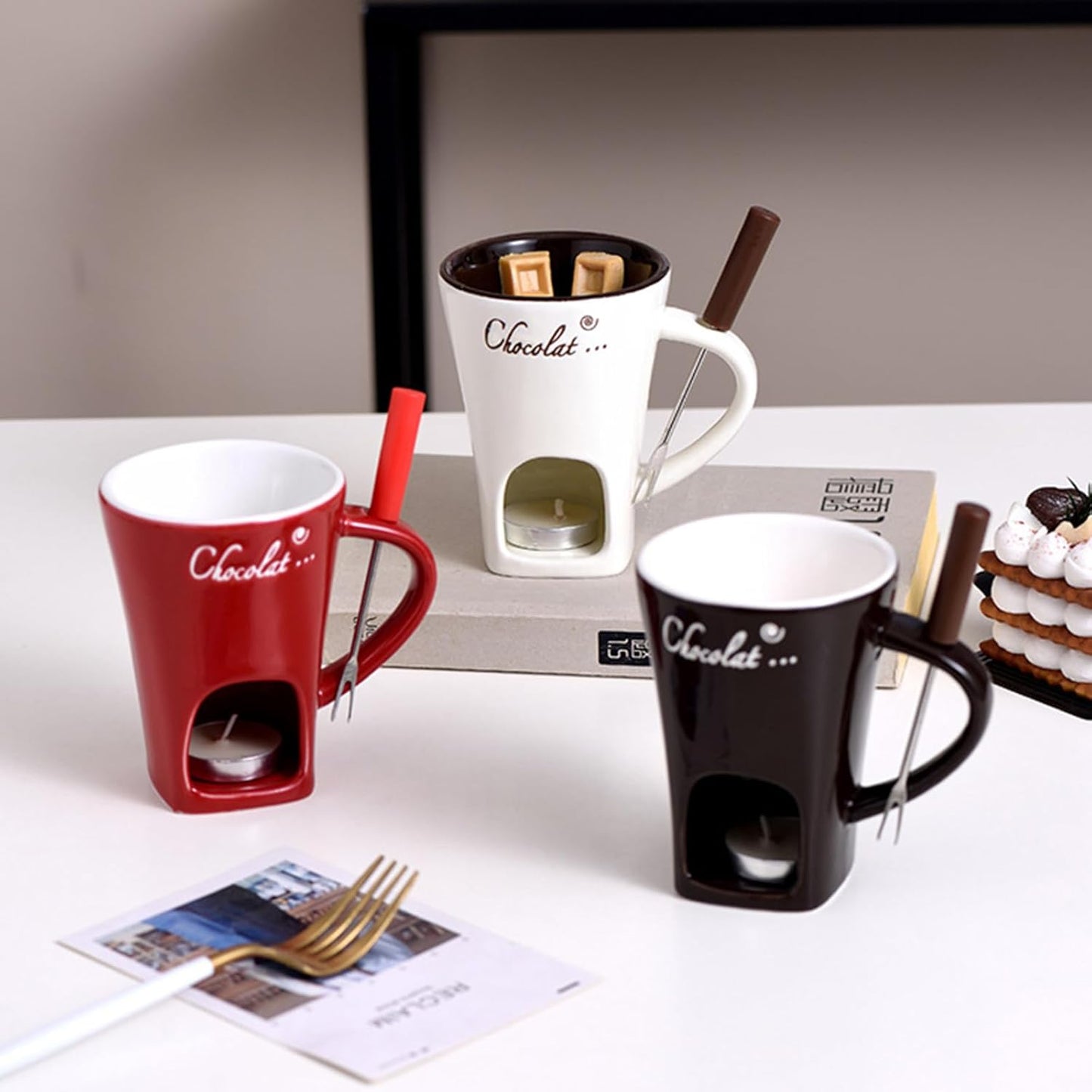 Fondue Mug, Chocolate Fondue Mug, Chocolate Melting Cup with Fork, Melting Love Cup Melting Chocolate Mug Fondue Heated with a Tealight, Warmer Mug for Candy Snack Caramel Party (Red)