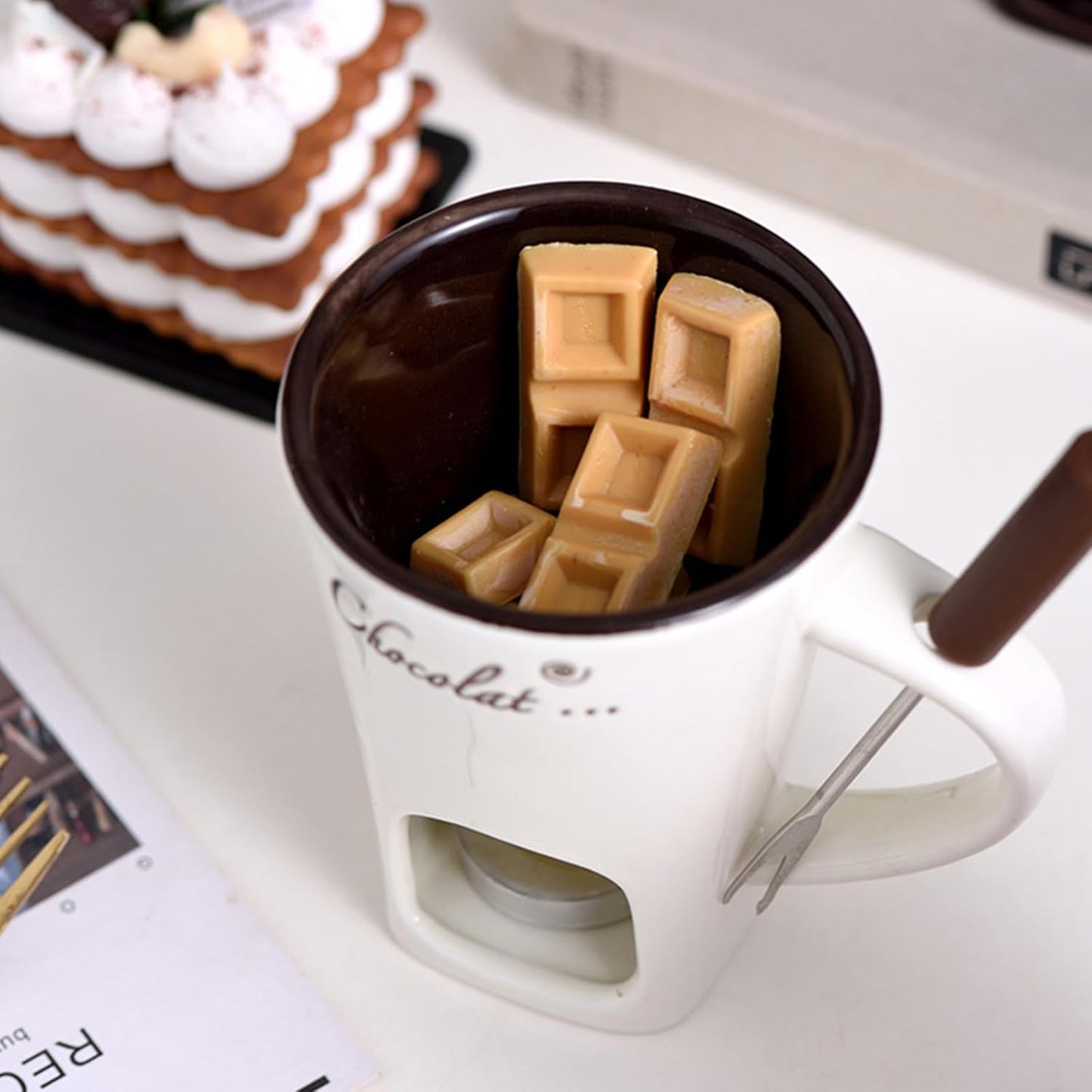 Fondue Mug, Chocolate Fondue Mug, Chocolate Melting Cup with Fork, Melting Love Cup Melting Chocolate Mug Fondue Heated with a Tealight, Warmer Mug for Candy Snack Caramel Party (Red)
