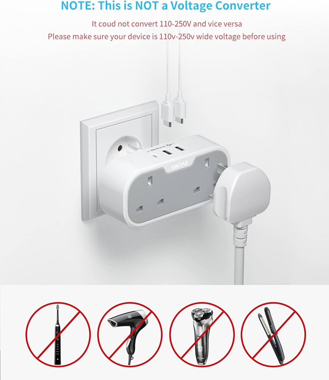 UK to European Plug Adapter, VINTAR Travel Adapter with 2 UK AC Outlets & 3 USB Ports (2A1C), Grounded Schuko Type E/F Plug for Germany, France, Spain, Italy, Netherlands