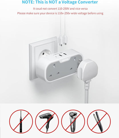UK to European Plug Adapter, VINTAR Travel Adapter with 2 UK AC Outlets & 3 USB Ports (2A1C), Grounded Schuko Type E/F Plug for Germany, France, Spain, Italy, Netherlands