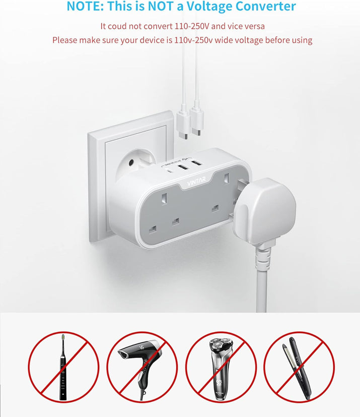 UK to European Plug Adapter, VINTAR Travel Adapter with 2 UK AC Outlets & 3 USB Ports (2A1C), Grounded Schuko Type E/F Plug for Germany, France, Spain, Italy, Netherlands