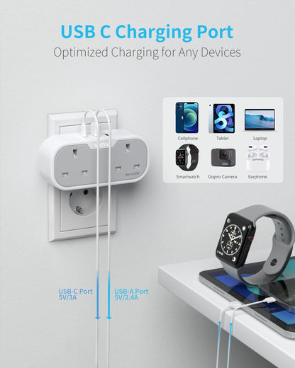 UK to European Plug Adapter, VINTAR Travel Adapter with 2 UK AC Outlets & 3 USB Ports (2A1C), Grounded Schuko Type E/F Plug for Germany, France, Spain, Italy, Netherlands