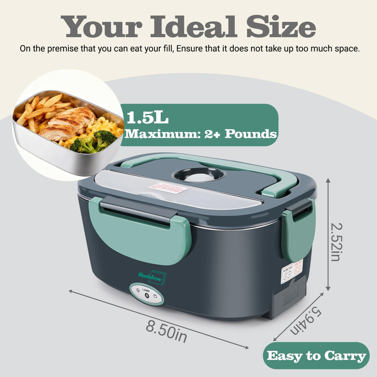 Buddew Electric Lunch Box 80W Lunch Heater for Adults, 12/24/110-230V Portable Food Warmer for Travel & Work, 1.5L, Loncheras para Hombres de Trabajo (Green)