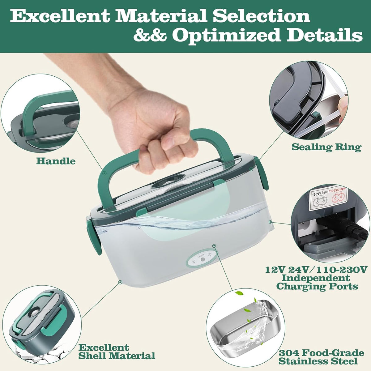 Buddew Electric Lunch Box 80W Lunch Heater for Adults, 12/24/110-230V Portable Food Warmer for Travel & Work, 1.5L, Loncheras para Hombres de Trabajo (Green)