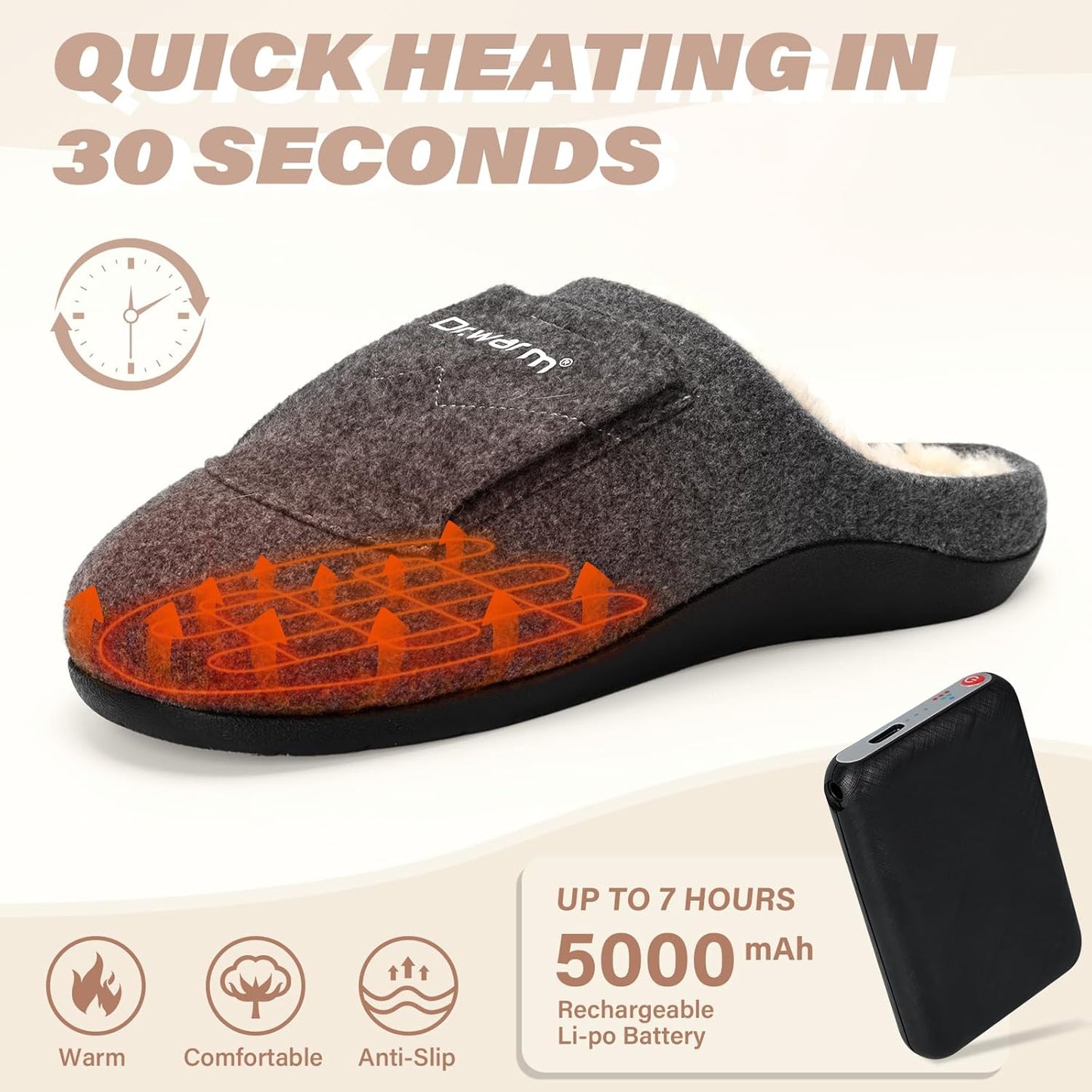 Dr.warm Electric Heated Slippers, Unisex Heating Slipper Winter with Rechargeable Battery for Women Men