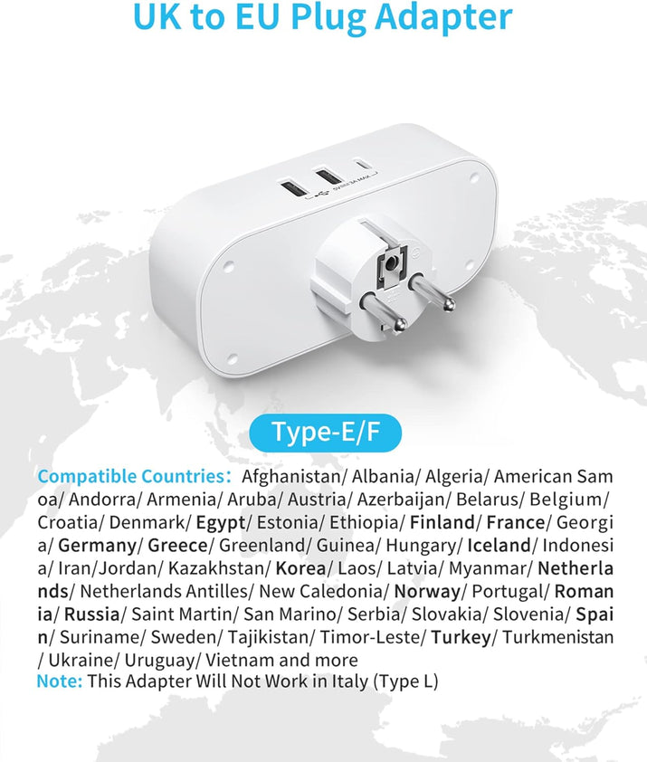 UK to European Plug Adapter, VINTAR Travel Adapter with 2 UK AC Outlets & 3 USB Ports (2A1C), Grounded Schuko Type E/F Plug for Germany, France, Spain, Italy, Netherlands