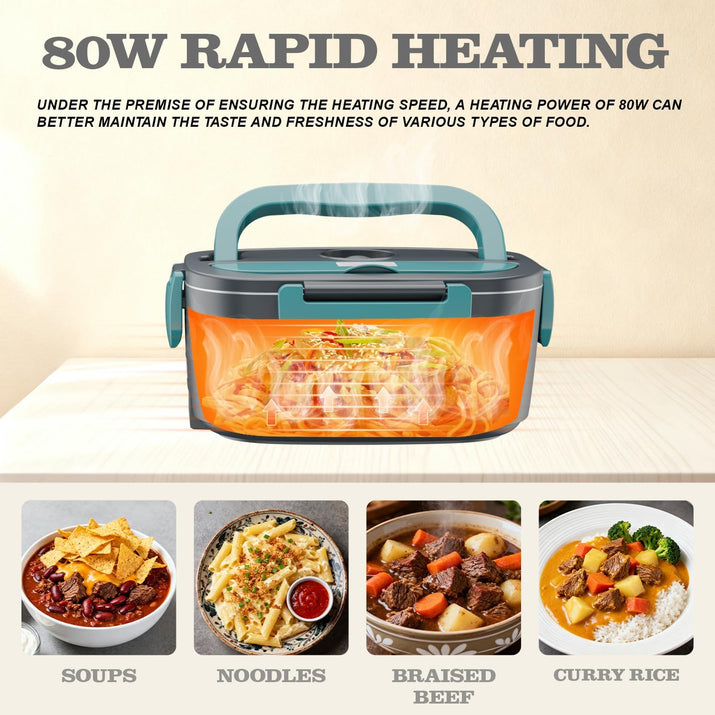 Buddew Electric Lunch Box 80W Lunch Heater for Adults, 12/24/110-230V Portable Food Warmer for Travel & Work, 1.5L, Loncheras para Hombres de Trabajo (Green)