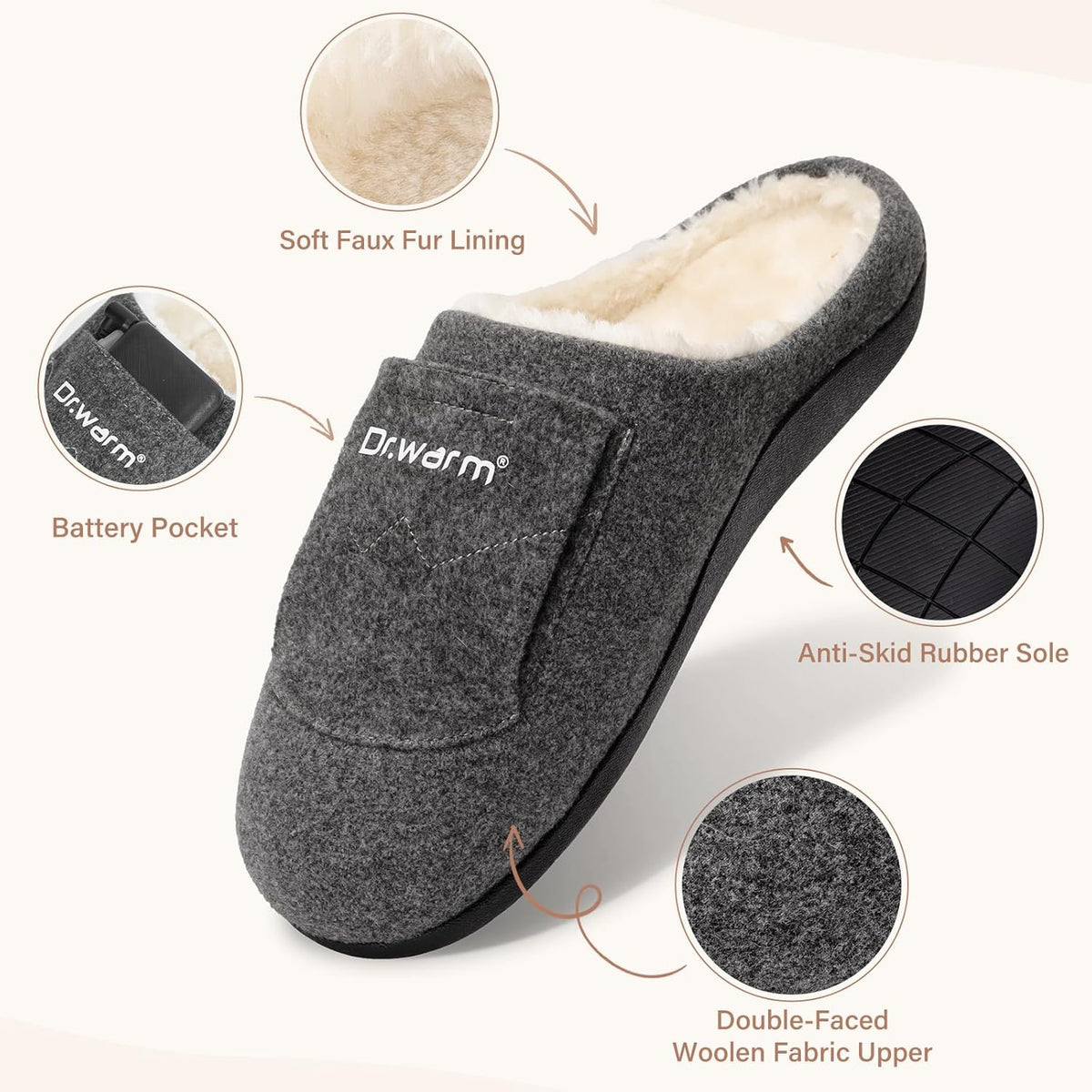 Dr.warm Electric Heated Slippers, Unisex Heating Slipper Winter with Rechargeable Battery for Women Men