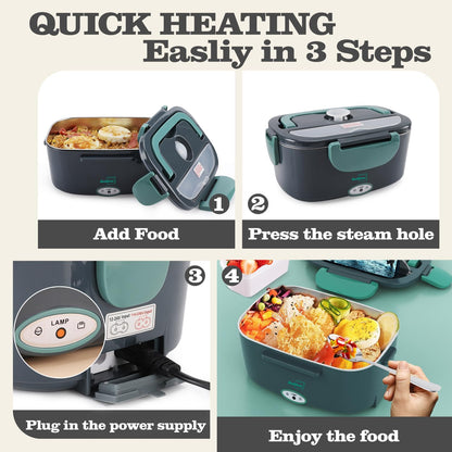 Buddew Electric Lunch Box 80W Lunch Heater for Adults, 12/24/110-230V Portable Food Warmer for Travel & Work, 1.5L, Loncheras para Hombres de Trabajo (Green)
