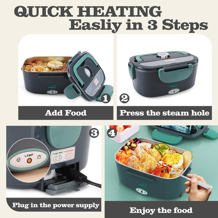 Buddew Electric Lunch Box 80W Lunch Heater for Adults, 12/24/110-230V Portable Food Warmer for Travel & Work, 1.5L, Loncheras para Hombres de Trabajo (Green)