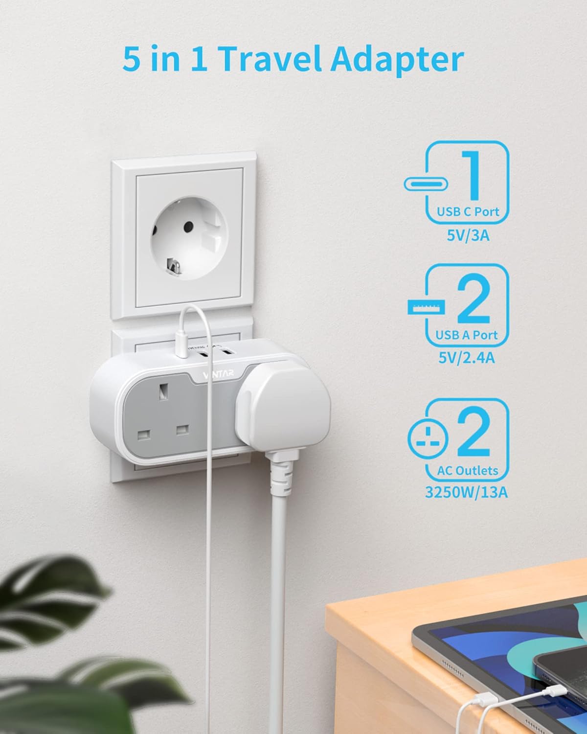 UK to European Plug Adapter, VINTAR Travel Adapter with 2 UK AC Outlets & 3 USB Ports (2A1C), Grounded Schuko Type E/F Plug for Germany, France, Spain, Italy, Netherlands