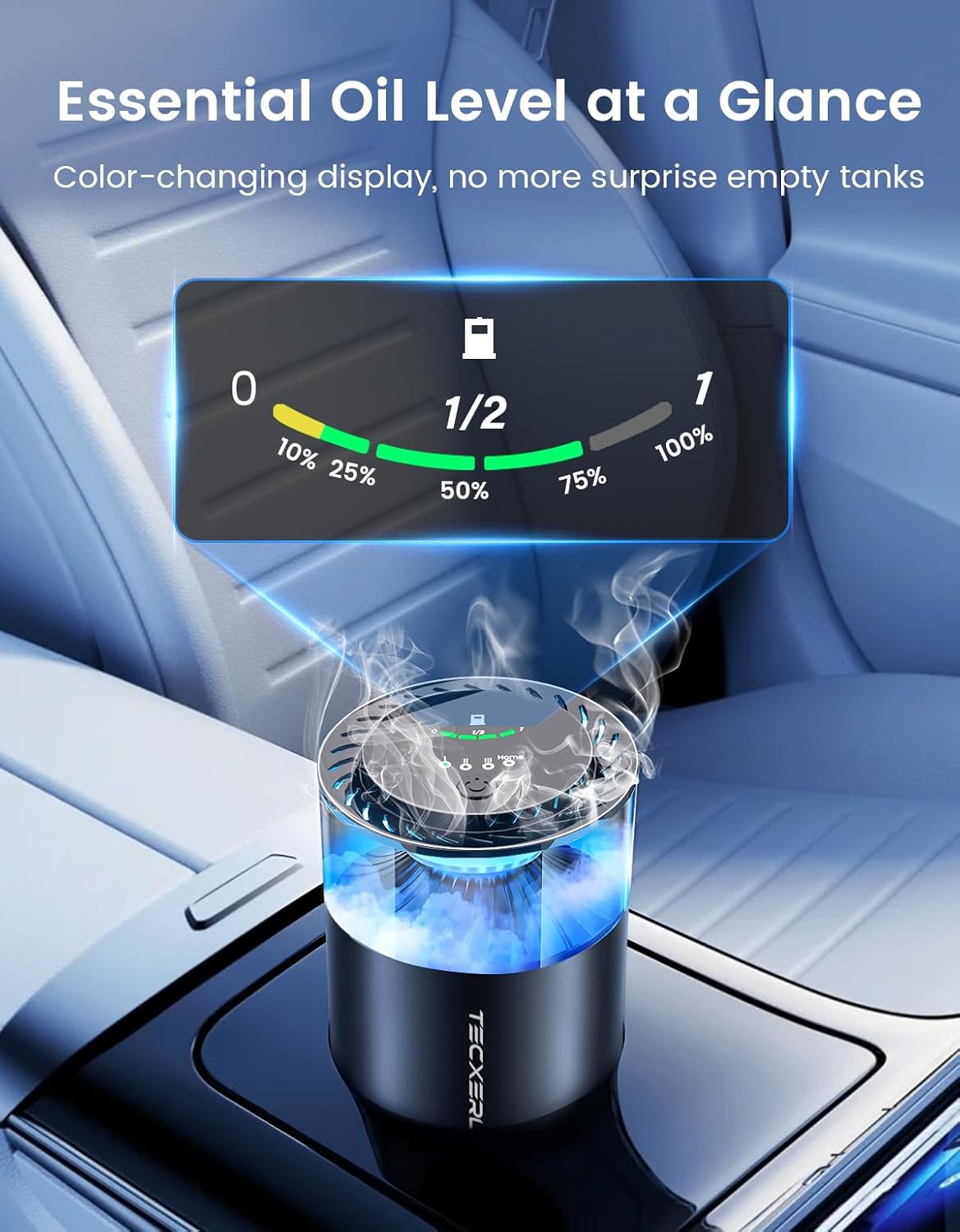 Car Diffuser Air Freshener with Smart Spray Modes, 1600 Sprays, USB-C Rechargeable, Auto On/Off, Essential Oil Level Indicator, 650mAh Battery, 2 Signature Scents, Ambient Light