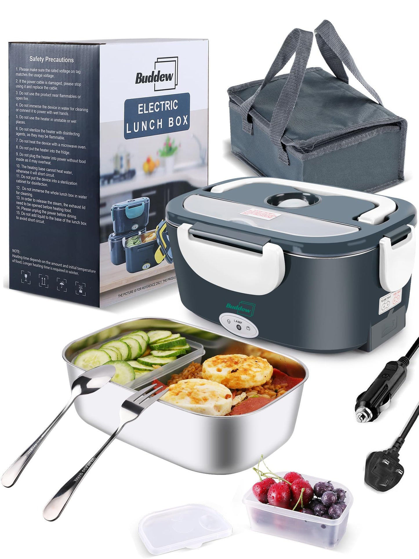 Buddew Electric Lunch Box 80W Lunch Heater for Adults, 12/24/110-230V Portable Food Warmer for Travel & Work, 1.5L, Loncheras para Hombres de Trabajo (Green)