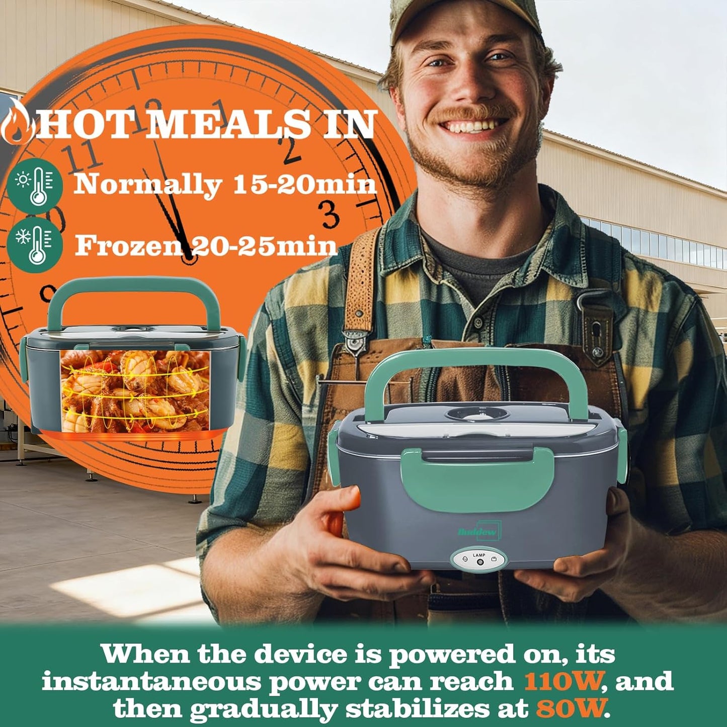 Buddew Electric Lunch Box 80W Lunch Heater for Adults, 12/24/110-230V Portable Food Warmer for Travel & Work, 1.5L, Loncheras para Hombres de Trabajo (Green)