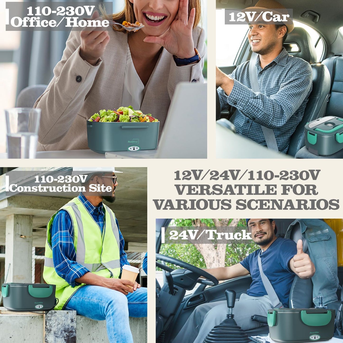 Buddew Electric Lunch Box 80W Lunch Heater for Adults, 12/24/110-230V Portable Food Warmer for Travel & Work, 1.5L, Loncheras para Hombres de Trabajo (Green)